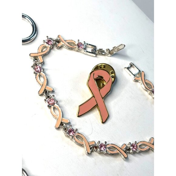 Breast Cancer Awareness Pink Ribbon Jewelry Set W/ Bracelet & Pin Silver & Pink - Picture 2 of 10